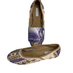 Dearfoams Studio Slippers Embellished Beaded Boho Flats Cream Purple Size 8